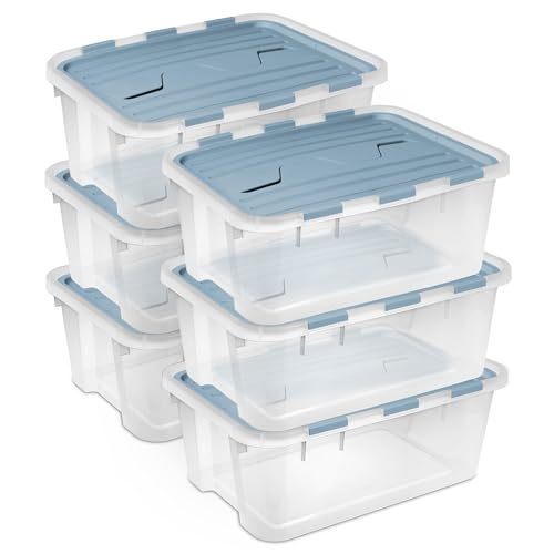 Sterilite Hinged Lid Storage Box, Plastic Container, 40 Quart, 6-Pack | Washed Blue - Home Organizer Tote for Storing Shoes, Crafts, Clothing, or Decor - size: 40 Quart