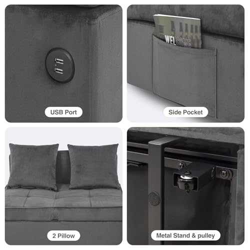 Convertible Sofa Bed 4-in-1 Pull Out Couch, Ottoman Bed Sleeper, Light Grey | Velvet Love seat Couch Sleeper Chair Bed with USB Ports, 5 Adjustable Backrest and Pillow for Living Room Apartment Office - color: Light Grey