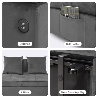 Convertible Sofa Bed 4-in-1 Pull Out Couch, Ottoman Bed Sleeper, Light Grey | Velvet Love seat Couch Sleeper Chair Bed with USB Ports, 5 Adjustable Backrest and Pillow for Living Room Apartment Office - color: Light Grey