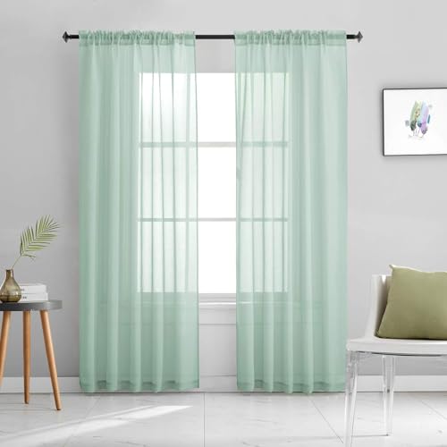 Christmas Mint Green Semi Sheer Curtains 84 Inches Long Faux Linen Mint Green Sheers Rod Pocket for Bedroom Living Room Girls Kids Room 2 Panels Xmas 52x84 - color: Mint Green, size: 52"W x 84"L (Pack of 2)