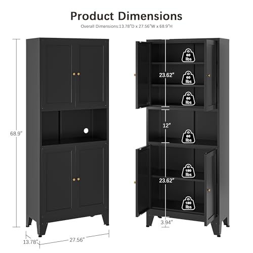 69" H Kitchen Pantry Cabinet with Countertop,Kitchen Hutch Cabinet with Storage,Black Metal Storage Cabinet,Microwave Cabinet, - color: Black, size: 69"H-4Doors