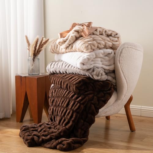 Battilo Faux Fur Throw Blanket for Couch, Soft Fluffy Ruched Fur Blanket, Cozy Thick Warm Fuzzy Decorative Yellow Blanket for Bed Chair Sofa 50"x60"(Tip Dye Yellow) | Soft Reversible Faux Rabbit Fur with Yellow-Tipped Detail, Thick and Cozy for Couch, Bed