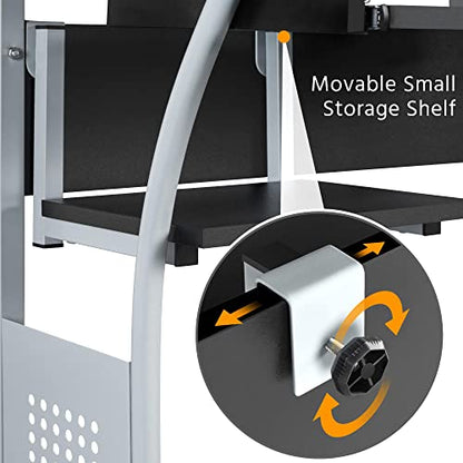 Yaheetech Small 3-Tier Rolling Computer Desk, Power Outlet, Black | Engineered wood tiers and metal frame suit small spaces, holding a monitor, printer, and keyboard tray by a built-in outlet. - color: Black