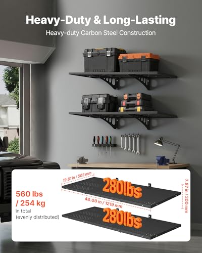 VEVOR 2-Tier Heavy Duty Wall Garage Shelving, 1.64 x 4 ft Steel Wall Mounted Shelving Unit, 19.68 x 48 Inch Per Shelf Floating Storage Metal Rack for Garage with 560 lbs Total Weight Capacity, Black - size: 1.64×4 ft