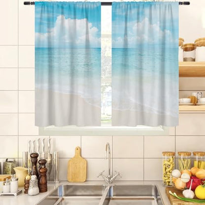 zokyer Coastal Kitchen Curtains, Beach Theme, 27.5" W x 36" L, Rod Pocket | 2 Panels, Hawaiian Tropical Nautical Seascape, S-ummer Blue Sea Sky Ocean Landscape, Sand Short Window Drapes Tiers Decor - size: 27.5"W x 36"L (Pack of 2)
