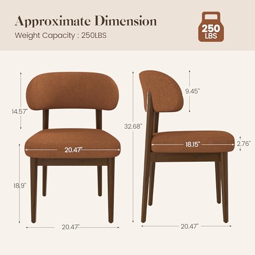 Wooden Dining Room Chairs Set of 2, Modern Upholstered Teddy Fabric Kitchen Chairs with Ergonomic Curved Back, Farmhouse Dining Side Chair with Solid Wood Frame for Kitchen Room, Brown - color: Brown