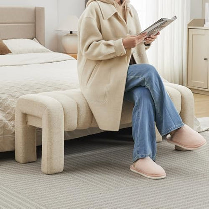 43.3" Bedroom Bench, Upholstered Entryway Bench, Modern End of Bed Ottoman with Solid Wood Legs and Adjustable Foot Pegs for Entryway, Dining Room and Living Room (Beige Linen) - color: Beige Linen, size: 43.3"