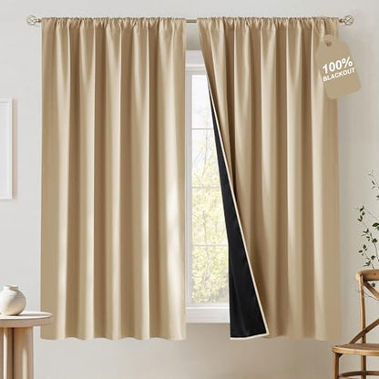 NICETOWN 100% Blackout Biscotti Beige Curtains, Rod Pocket Thermal Curtains Room Darkening Window Treatments for Bedroom/Nursery, W52 x L63, 2 Panels - color: Biscotti Beige, size: 52"W x 63"L (Pack of 2)