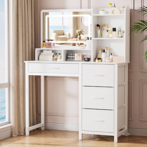 Kitsure Vanity Desk with Mirror and Lights, Large Capacity, Fabric Drawers | Bedroom, Teens & Women, 3 Light Modes, 4 Fabric Drawers, 17"D x 35"W x 52"H, White