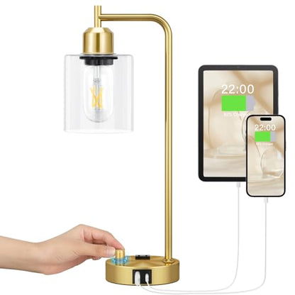 Innqoo Gold Table Lamp for Bedroom - Industrial Bedside Lamp with USB Port and Outlet, Fully Dimmable Nightstand Lamp with Clear Glass Shade, Small Desk Lamps for Home Office - color: Gold Base&Clear Shade