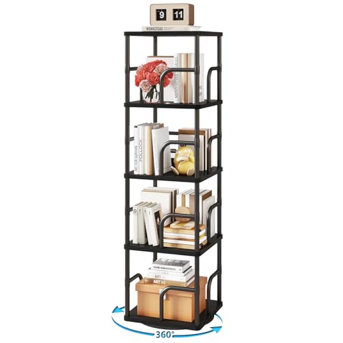 IBUYKE 5 Tier Rotating Bookshelf,Square Bookcases,Black TBC004B | 360°Spinning Bookcases Tower Freestanding Corner Bookshelf with Rails Industrial Bookcase Organizer for Bedroom Living Room - color: Black, size: 5 Tier