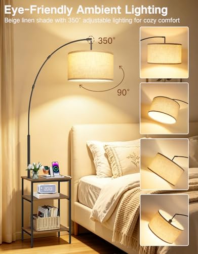 76'' Tall Arc Floor Lamp with Table & Remote, Side End Table with Charging Station, Dimmable Nightstand with 3 Color Temperatures, 1-Hour Timer, 9W LED Bulb for Living Room, Bedroom - color: Rustic Brown With Beige Shade