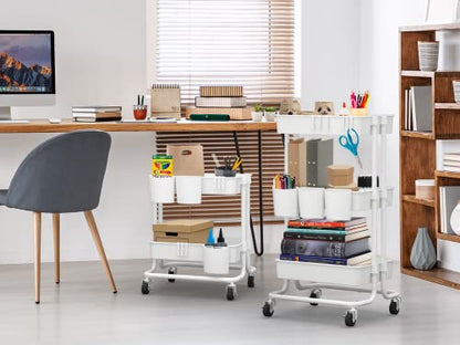 3-Tier Rolling Storage Organizer with 3 Small Baskets - Mobile Utility Cart with Caster Wheels (White)