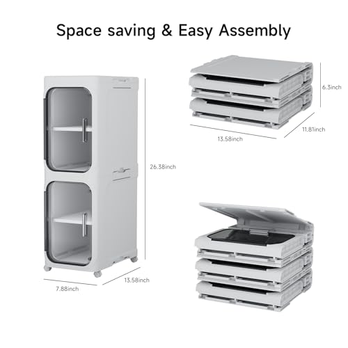 Slim Bathroom Storage Cabinet with Magnetic Clear Doors, Foldable Narrow Storage Organizer with Wheels, No-Tool Assembly Plastic Skinny Cabinet for Small Spaces, Kitchen, Laundry - color: White, size: 2-Tiers