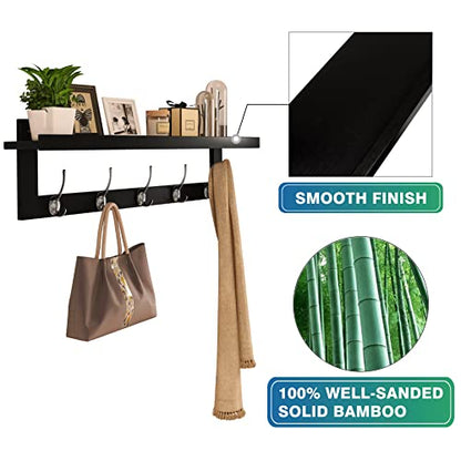 SMIBUY Coat Hooks with Shelf Wall-Mounted, 29.2 Inch Entryway Coat Rack for Wall, Bamboo Hanging Shelf with 5 Double Metal Hooks for Bathroom, Bedroom, Kitchen, Living Room, Mudroom (Black+Silver) - color: Black+Silver