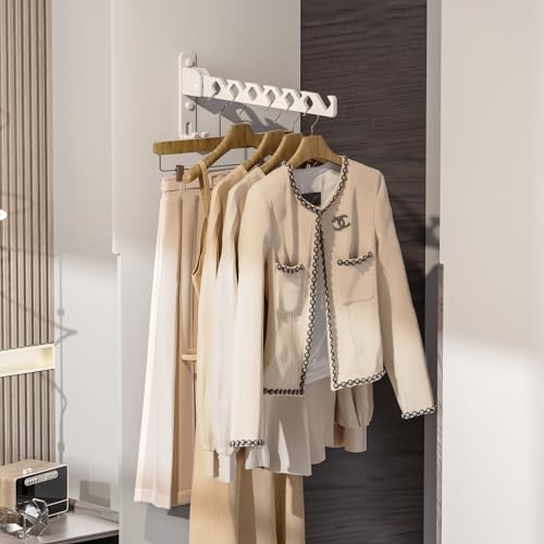 Wall Mount Coat Hanger Holder White Clothes Drying Organizer Rack Garment Hooks Aluminium Retractable Folding Indoor Wall Mounted Hanger Space Saver for Laundry Room Bedroom White 2 Pack with 8 Hooks - color: White 2racks With Hooks