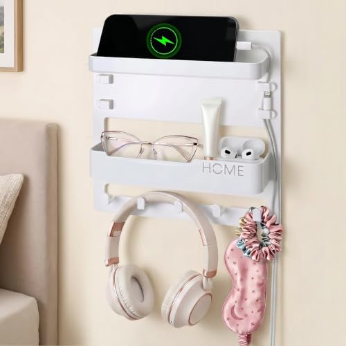 Bedside Wall Organizer Shelf Storage with Cable Clips, Dorm Room Must Haves | No Drill, Bed Floating Nightstand, Remote Control Holder, Key Holder, Preppy Collage Dorm Room Decor Essentials