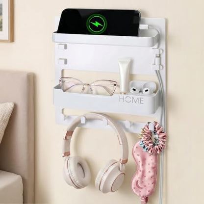 Bedside Wall Organizer Shelf Storage with Cable Clips, Dorm Room Must Haves | No Drill, Bed Floating Nightstand, Remote Control Holder, Key Holder, Preppy Collage Dorm Room Decor Essentials