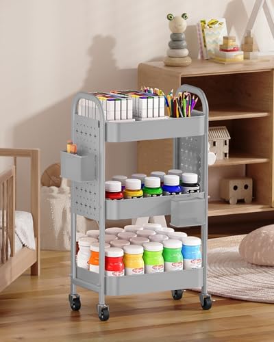 ALVOROG 3 Tier Rolling Cart with DIY Pegboards Metal Utility Cart with Wheels Handles Baskets Hooks, Craft Cart for Office Kitchen Bathroom(Light Gray) - color: Light Gray