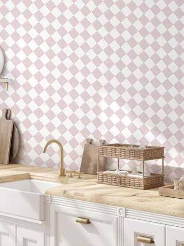 Safiyya Pink Wallpaper Geometric Checkered Peel and Stick Wallpaper Self Adhesive Removable Contact Paper Pink Check Wall Paper for Bedroom Nursery Room Cabinet 78.7"x 17.3" - color: Pink, size: 17.3" x 78.7"