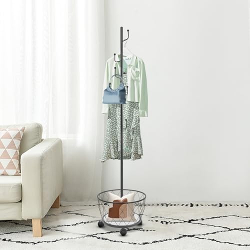 Coat Rack Freestanding, Coat Tree with Umbrella Holder, Metal Coat Rack Stand with 6 Hooks, Modern Coat Hanger Stand w/Wheels for Entryway, Purse Rack Hat Rack Stand (Black) - color: Black