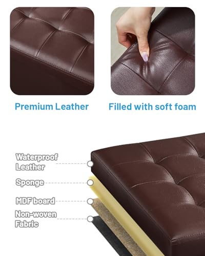 Bsketa Storage Ottoman Bench,17 Inch Folding Leather Foot Rest Stool, Brown | Small Ottoman with Side Pockets, Thicker Foam Padded Seat, Livingroom, Dorm, Bedroom, Easy to install, 43L,17x13x13in - color: Brown-1 Pack