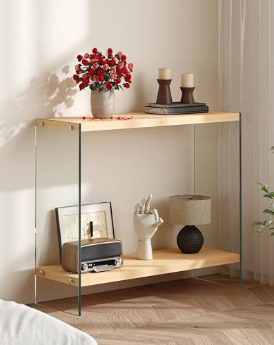 Console Table 2-Tier: 31.5 in Wide Rectangle Wood Shelf Glass Sides | Modern Desk Console Sofa Table Stand for Entryway - size: 31.5“W x 11.8"D x 30"H