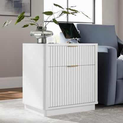 T4TREAM 23'' Fluted Nightstand with Charging Station, Modern, Solid White | Large 2 Drawer, Curved Profile, Mid-Century, Bedside Table with Storage, End Table for Living Room, Bedroom, Side Table - color: Solid White