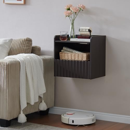 BuildHom Modern Fluted Floating Nightstand Wall Mounted - Bedside Table with Storage Drawer & Display Shelf, Minimalist Bedroom Furniture for Studio Apartments(Espresso) - color: Espresso, size: Single