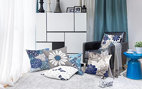 COMMINY Blue Grey Pillow Covers 18x18 Set of 6 Decorative Daisy Flower Throw Pillow Cover for Couch Modern Pillow Case for Patio Living Room Cushion Bed Farmhouse Home Decor | blue daisy Floral,decorative cushion cover,Breathable Linen,standard Throw Pill