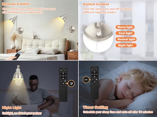 GOODATE 1 Pack Plug in Wall Sconce with Remote Control, Dimming, Adjustable Colors 2700K-6500K, Plug in Wall Light, Swing Arm Wall Lamp with Night Light & Timer, LED Bulb Included, Brushed Nickel - size: Brushed Nickel-1 PACK(Bulb+Remote)