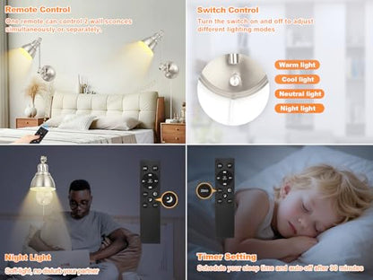 2 Pack Plug in Wall Sconces with Remote Control, Dimming, Adjustable Colors 2700K-6500K, Swing Arm Wall Lamps with Night Light & Timer, Plug-in or Hardwired, LED Bulbs Included, Brushed Nickel - size: Brushed Nickel-2 PACK(Bulbs+Remote)