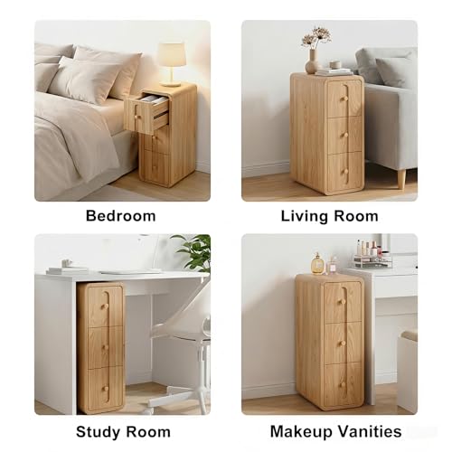 Narrow Nightstand with 3 Drawers, Small Bedside Table, Mid Century Modern Skinny Night Stand with Storage, Wood Slim Side Table for Bedroom, Small Spaces, Living Room (Natural-1pcs)