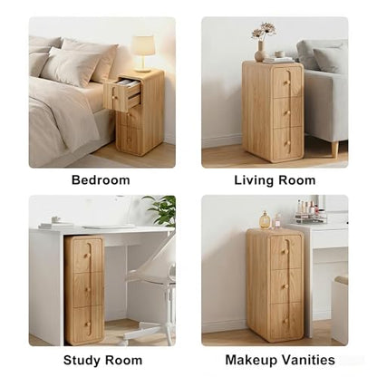 Narrow Nightstand with 3 Drawers, Small Bedside Table, Mid Century Modern Skinny Night Stand with Storage, Wood Slim Side Table for Bedroom, Small Spaces, Living Room (Natural-1pcs)