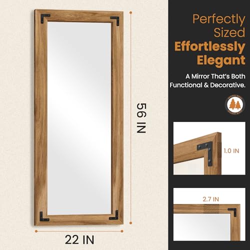 Wood Framed Full Length Mirror for Wall, 56"X22" Floor Standing Body Mirror | Solid Wood Frame, HD Shatterproof Glass, Hanging or Leaning Mirror for Bedroom, Living Room, & Entryway - size: 56"L x 22"W
