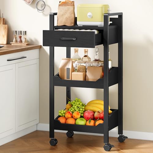 Hoctieon 3-Tier Rolling Storage Cart with Drawer, Rolling Utility Cart Organizer, Mobile Shelving Unit with Wheels, Metal Frame, Kitchen Utility Cart for Small Space, Office, Bathroom, Black - color: Black