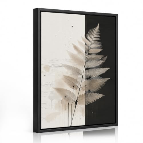 Framed Abstract Wall Art, Black and White Botanical Canvas Print | Neutral Fern Natural Minimalist Farmhouse Prints, Artwork for Bathroom, Living Room and Home Office, 12×16 Inch - color: Neutral Fern, size: 16"L x 12"W