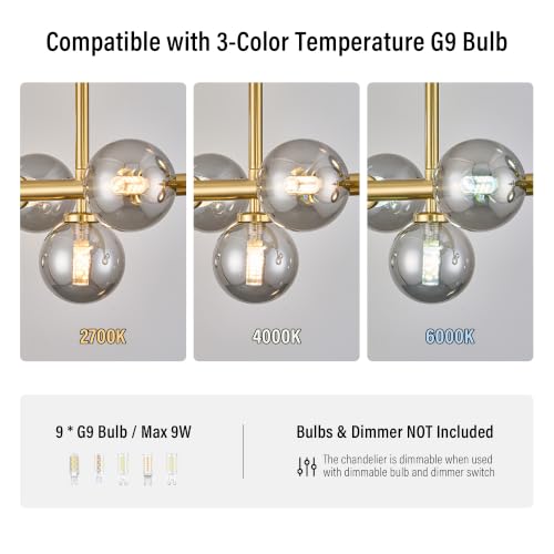 Mid Century Modern Globe Sputnik Chandelier, 9-Light Linear Chandeliers for Dining Room and Kitchen Island, Dining Light Fixture Over Table, Brass Gold and Smoke Grey Glass Bubble, 40 Inch - color: Gold Somke Grey, size: 9-Light 40 Inch