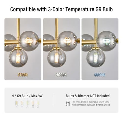 Mid Century Modern Globe Sputnik Chandelier, 9-Light Linear Chandeliers for Dining Room and Kitchen Island, Dining Light Fixture Over Table, Brass Gold and Smoke Grey Glass Bubble, 40 Inch - color: Gold Somke Grey, size: 9-Light 40 Inch