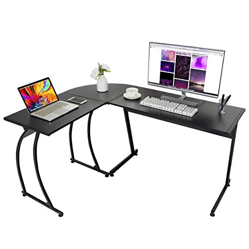 Modern L-Shaped Home Office Desk with Round Corner Computer Desk Gaming Writing PC Laptop Workstation with Solid Steel Frame Desktop (Black) - color: Black