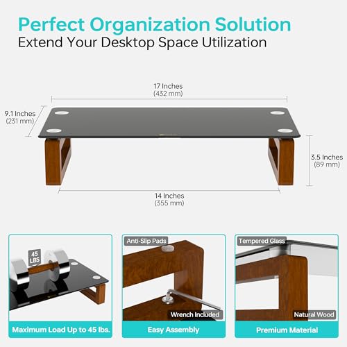 YEOUX Black Glass Computer Monitor Stand Riser with Wooden Base for Flat Screen LCD, LED TV, Laptop, Printer, Multi Media Desktop Stand, Office Supplies Desk Organization - color: Walnut&Black