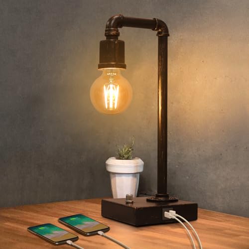 Industrial Table Lamp, Vintage Bedside Lamp with USB C and USB A Charging Ports, Dimmable Steampunk Office Lamp Metal Pipe Edison Reading Lamps for Bedroom, Dorm, Farmhouse Decor 6W LED Bulb Included - color: Black