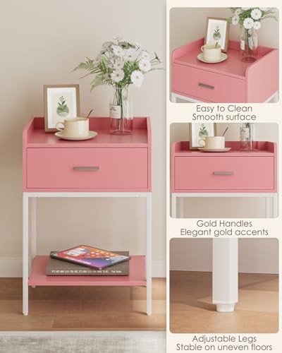 Masupu Nightstand,Bedside Table 3-Tier Modern Night Stand with Storage Drawer and Shelf,Small End Side Table for Bedroom,Living Room,Black (Without Outlet, Pink) - color: Pink