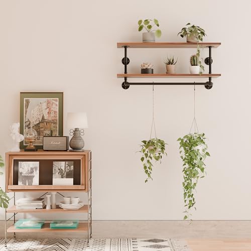 Clothes Rack 36in, Wall Mounted Garment Rack with Real Walnut Wood Shelf, Heavy Duty Hanging Clothes Rack, Multi-Purpose Hanging Rod, Space-Saving Closet Storage - color: Walnut, size: 2T36IN