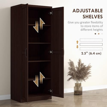 HOMCOM 63" 2-Door Kitchen Pantry 5-Tier Cinnamon Cherry Wood Grain | Freestanding Storage Cabinet, Shelving, 2 Adjustable Shelves, for Dining Room - color: Cinnamon Cherry Wood Grain
