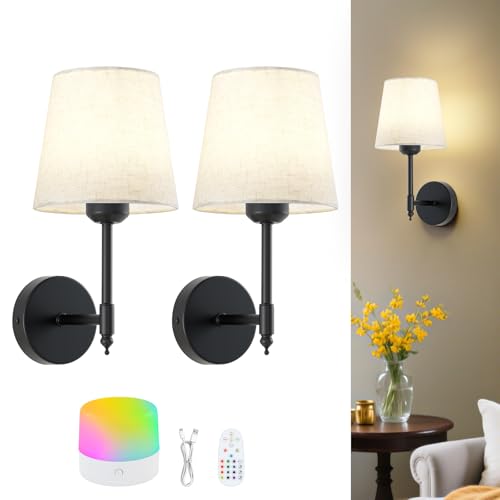 Black Battery Operated Wall Sconces,Rechargeable Wireless Wall Lights with Linen Fabric Lampshade,15 Colors Cordless Wall Lamps for Bedroom,Living Room,Hallway Decor,Bathroom Mirror Light - color: Black