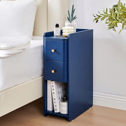 Narrow Nightstand Set of 2, Wooden Small 2 Drawer Nightstand, Slim Side End Table, Skinny Bedside Table, Mid Century Modern Night Stand with Drawers for Bedroom (Blue-1 pc) - color: Blue-1 Pc