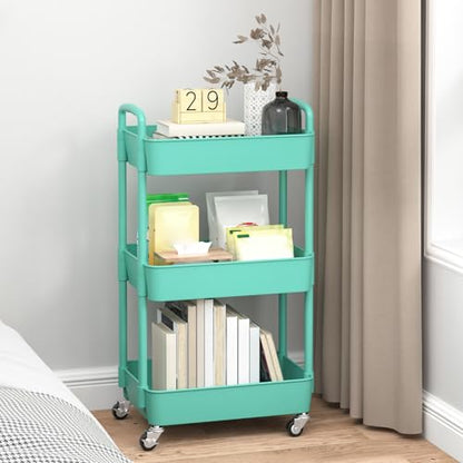 Sywhitta 3-Tier Plastic Rolling Utility Cart with Handle, Multi-Functional Storage Trolley for Office, Living Room, Kitchen, Movable Storage Organizer with Wheels, Green | Multi-Functional Storage Trolley, for Office, Living Room, Kitchen, Bathroom,Movabl