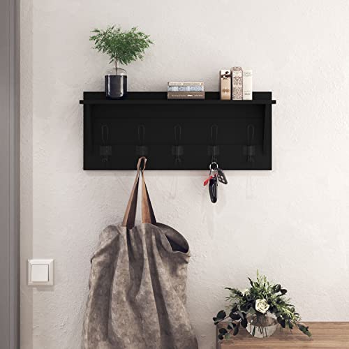 Wall Mounted Coat Rack Shelf, Rustic Wooden Country Style 24" Entryway Shelf with 5 Rustic Hooks featuring Solid Pine Wood. Perfect touch for your Entryway, Mudroom, Kitchen, Bathroom and More, Black - color: 3- Black