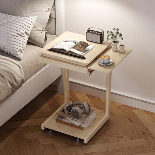 C Shaped End Table, Rolling Side Table with 4-Way Convertible Desktop, Wooden C Table with Multi-Functional Folding Tray, Side Table for Couch, Living Room, Bedroom, White Oak - color: Oak